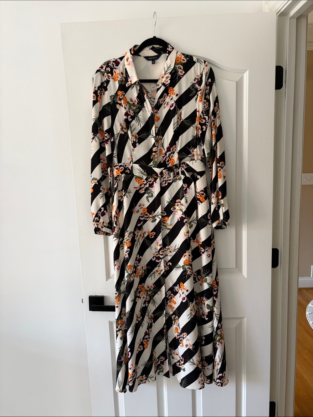 Striped Floral Wrap Midi Dress in Black & White with Orange Accents